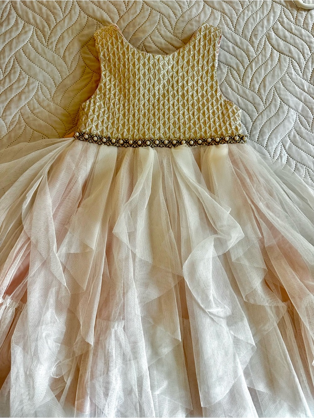 Girls Ivory and Pink Tulle Party Dress with Embellished Waist
